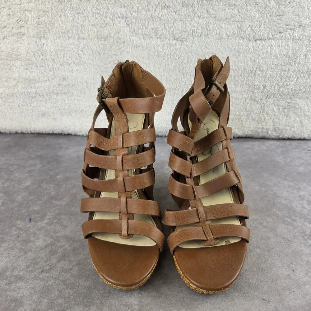 Jessica Simpson Brown Strappy Gladiator Wedge Sandals Tan Woven Platform 7M